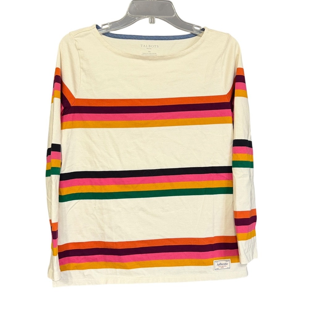 Talbots Petite Medium MP Cotton Striped Boat Neck Long Sleeve Tee Ivory Multi